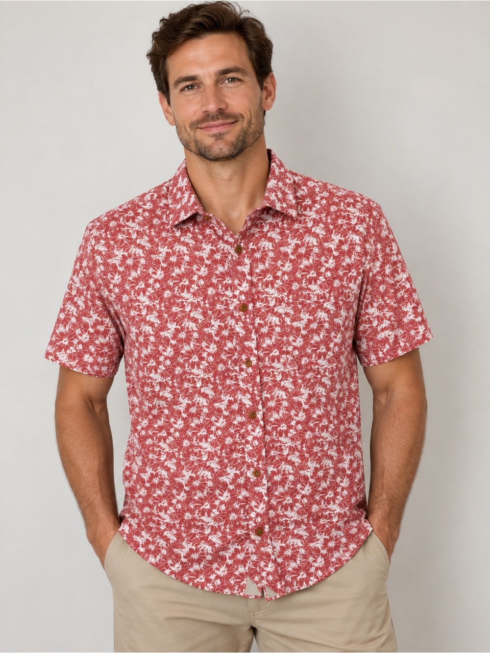 UNTUCKit Valltiendas Men’s Large Slim Fit Linen Cotton Floral Shirt Red White